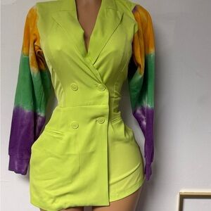 Vibrant Blazer Dress with Tie-Dye Sleeves